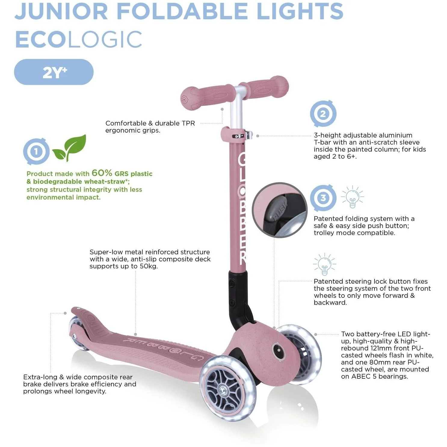 Globber Ecologic Junior Foldable Scooter Lights Berry - Image 4