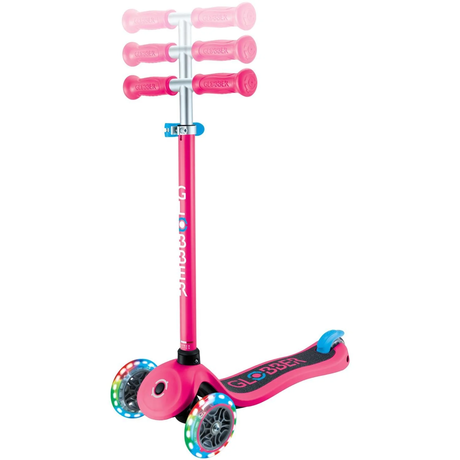 Globber Primo V2 3-Wheel Scooter with Light-Up Wheels and Griptape Fuchsia Pink / Sky Blue - Image 3