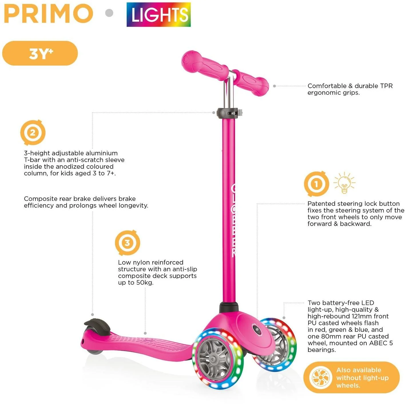Globber Primo V2 3-Wheel Scooter with Light-Up Wheels and Griptape Fuchsia Pink / Sky Blue - Image 8